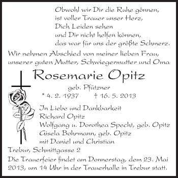Traueranzeige von Rosemarie Opitz von Rüsselsheimer Echo, Groß-Gerauer-Echo, Ried Echo