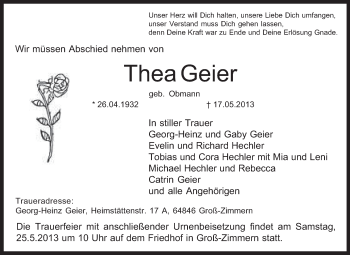 Traueranzeige von Thea Geier von Echo-Zeitungen (Gesamtausgabe)