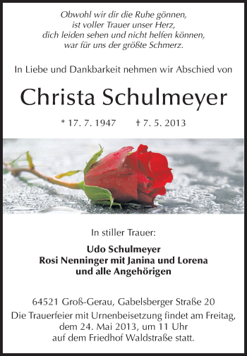 Traueranzeige von Christa Schulmeyer von Rüsselsheimer Echo, Groß-Gerauer-Echo, Ried Echo
