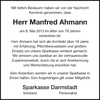 Traueranzeige von Manfred Ahmann von Echo-Zeitungen (Gesamtausgabe)