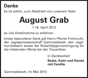 Traueranzeige von August Grab von Odenwälder Echo