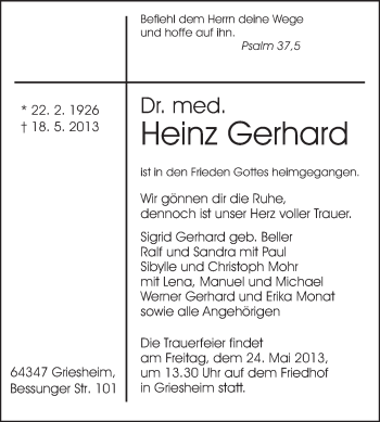Traueranzeige von Heinz Gerhard von Echo-Zeitungen (Gesamtausgabe)