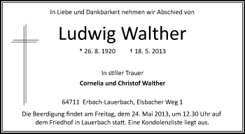 Traueranzeige von Ludwig Walther von Odenwälder Echo