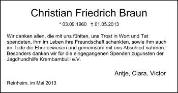 Traueranzeige von Christian Friedrich Braun von Echo-Zeitungen (Gesamtausgabe)
