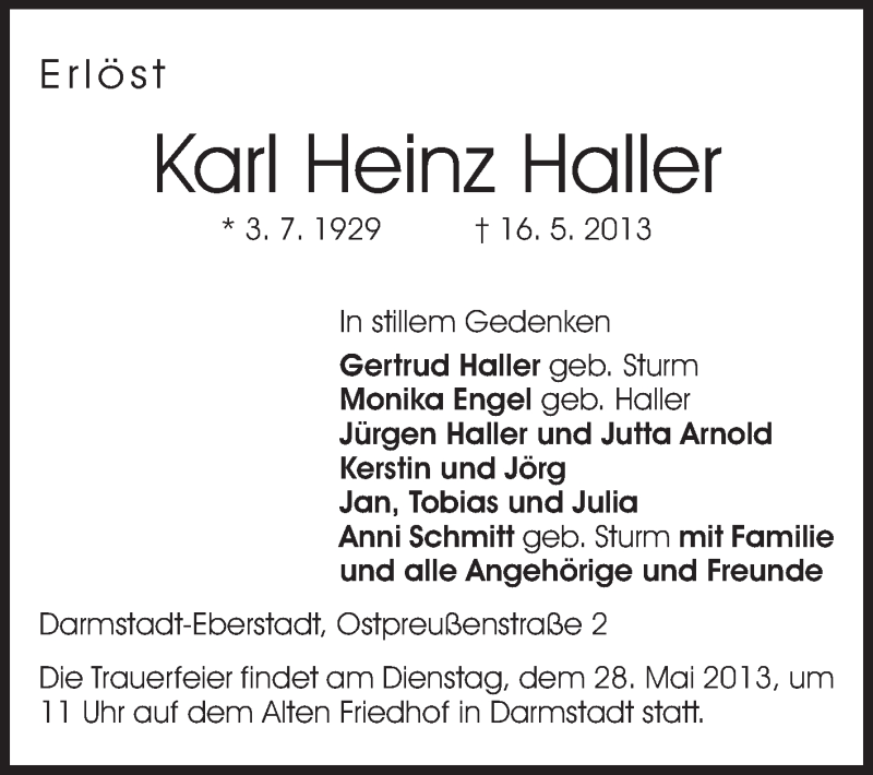  Traueranzeige für Karl Heinz Haller vom 25.05.2013 aus Echo-Zeitungen (Gesamtausgabe)