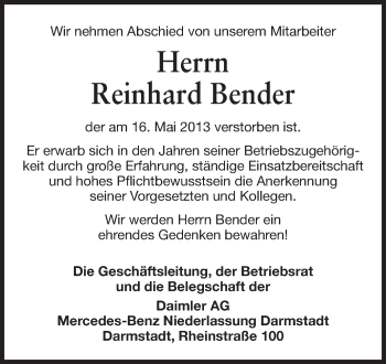 Traueranzeige von Reinhard Bender von Echo-Zeitungen (Gesamtausgabe)