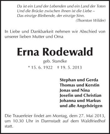 Traueranzeige von Erna Rodewald von Echo-Zeitungen (Gesamtausgabe)