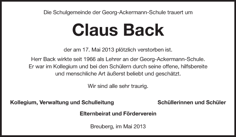  Traueranzeige für Claus Back vom 22.05.2013 aus Odenwälder Echo