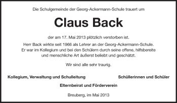 Traueranzeige von Claus Back von Odenwälder Echo