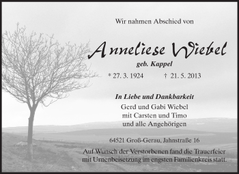 Traueranzeige von Hannelore Wiebel von Rüsselsheimer Echo, Groß-Gerauer-Echo, Ried Echo