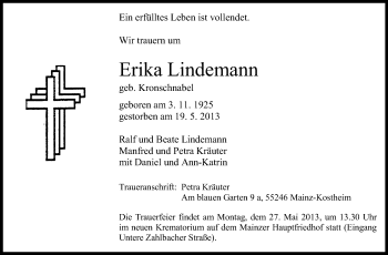 Traueranzeige von Erika Lindemann von Echo-Zeitungen (Gesamtausgabe)