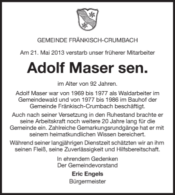 Traueranzeige von Adolf Maser von Odenwälder Echo