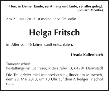 Traueranzeige von Helga Fritsch von Echo-Zeitungen (Gesamtausgabe)