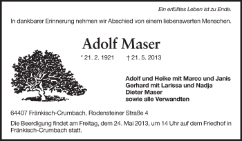 Traueranzeige von Adolf Maser von Odenwälder Echo