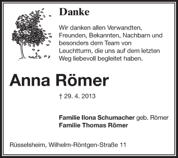 Traueranzeige von Anna Römer von Rüsselsheimer Echo, Groß-Gerauer-Echo, Ried Echo