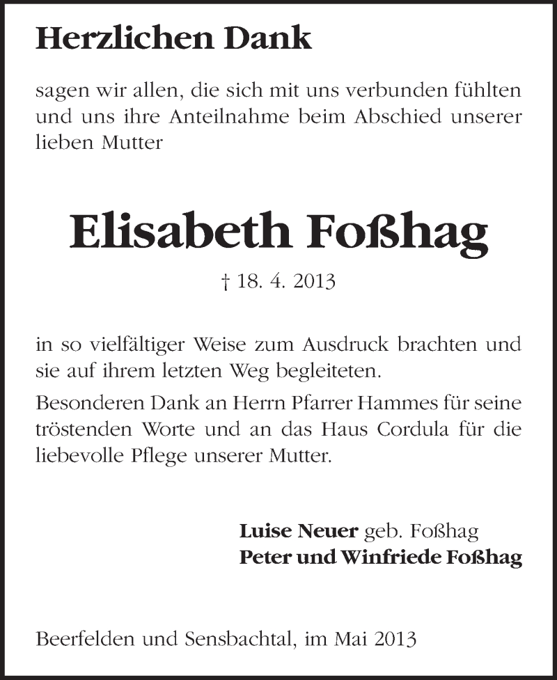  Traueranzeige für Elisabeth Foßhag vom 24.05.2013 aus Odenwälder Echo