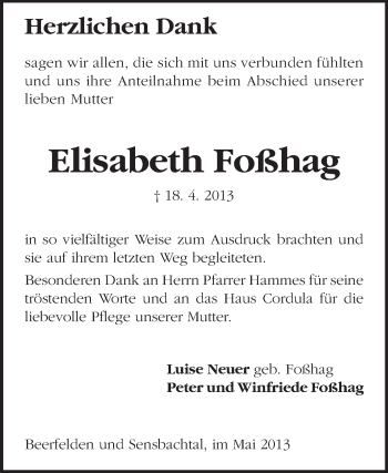 Traueranzeige von Elisabeth Foßhag von Odenwälder Echo