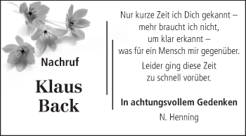 Traueranzeige von Klaus Back von Odenwälder Echo
