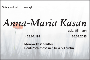 Traueranzeige von Anna-Maria Kasan von Echo-Zeitungen (Gesamtausgabe)