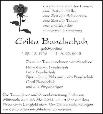 Traueranzeige von Erika Bundschuh von Echo-Zeitungen (Gesamtausgabe)