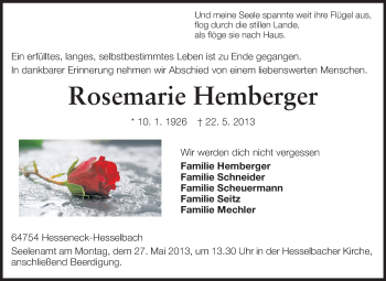 Traueranzeige von Rosemarie Hemberger von Odenwälder Echo