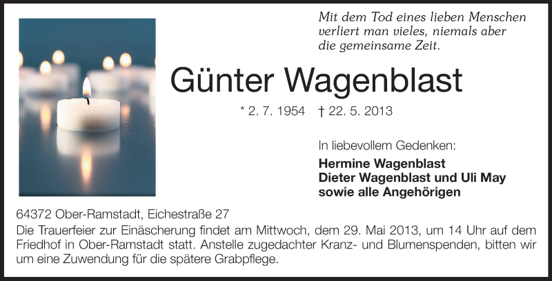  Traueranzeige für Günter Wagenblast vom 25.05.2013 aus Echo-Zeitungen (Gesamtausgabe)