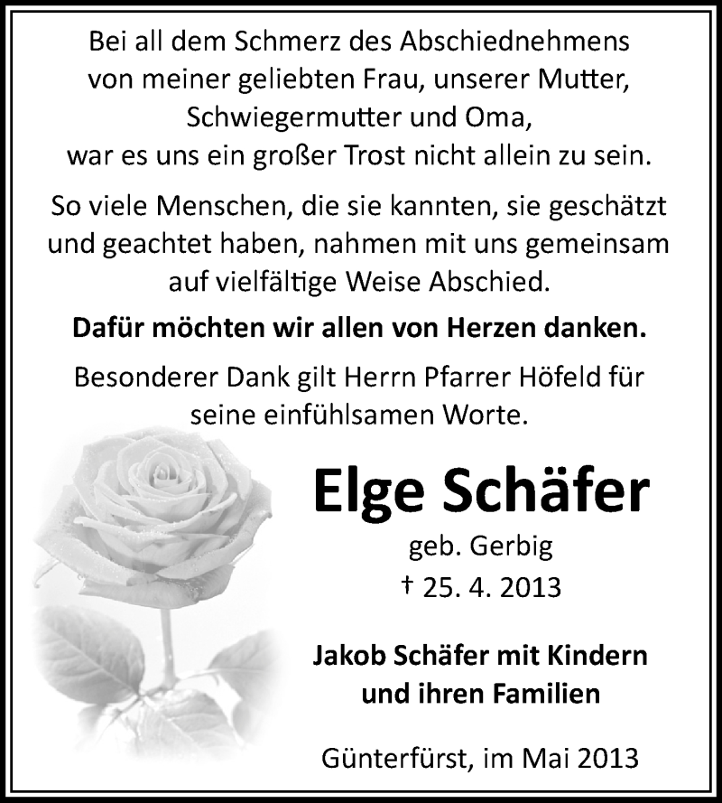  Traueranzeige für Elge Schäfer vom 24.05.2013 aus Odenwälder Echo