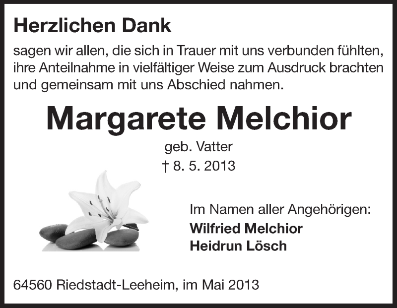  Traueranzeige für Margarete Melchior vom 29.05.2013 aus Rüsselsheimer Echo, Groß-Gerauer-Echo, Ried Echo