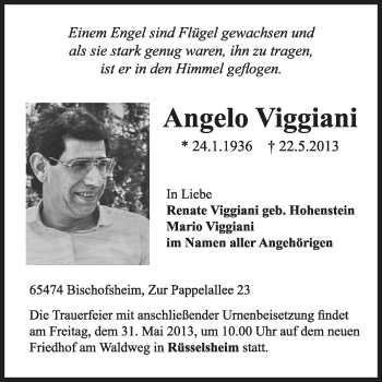 Traueranzeige von Angelo Viggiani von Rüsselsheimer Echo, Groß-Gerauer-Echo, Ried Echo