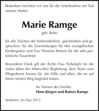 Traueranzeige von Marie Ramge von Echo-Zeitungen (Gesamtausgabe)