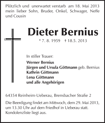 Traueranzeige von Dieter Bernius von Echo-Zeitungen (Gesamtausgabe)