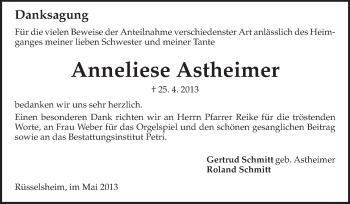 Traueranzeige von Anneliese Astheimer von Rüsselsheimer Echo, Groß-Gerauer-Echo, Ried Echo