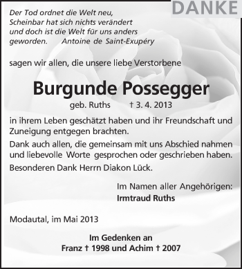 Traueranzeige von Burgunde Possegger von Echo-Zeitungen (Gesamtausgabe)