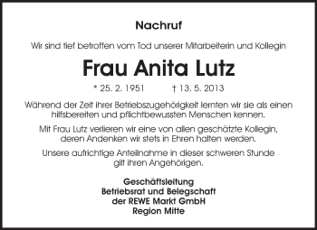 Traueranzeige von Anita Lutz von Echo-Zeitungen (Gesamtausgabe)