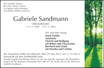Traueranzeige von Gabriele Sandmann von Echo-Zeitungen (Gesamtausgabe)