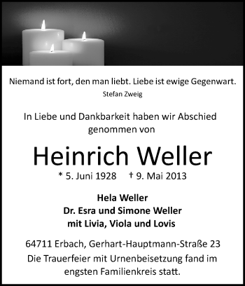 Traueranzeige von Heinrich Weller von Odenwälder Echo