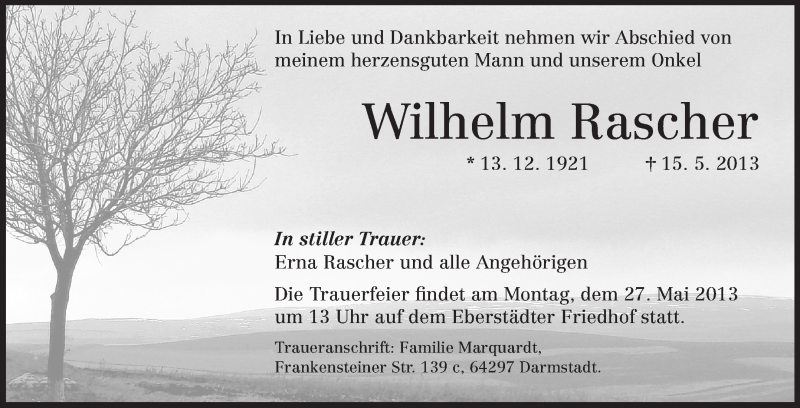 Traueranzeige für Wilhelm Rascher vom 25.05.2013 aus Echo-Zeitungen (Gesamtausgabe)