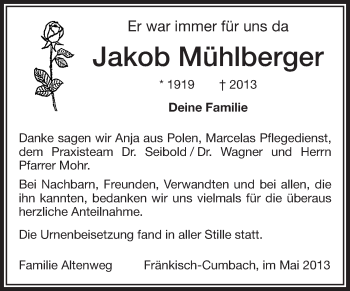 Traueranzeige von Jakob Mühlberger von Odenwälder Echo