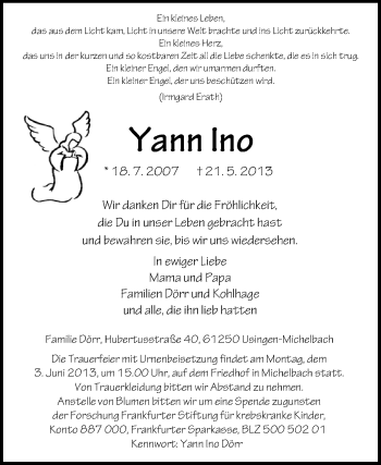 Traueranzeige von Yann Ino von Rüsselsheimer Echo, Groß-Gerauer-Echo, Ried Echo