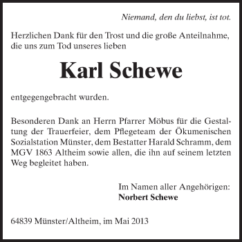 Traueranzeige von Karl Schewe von Darmstädter Echo, Odenwälder Echo, Rüsselsheimer Echo, Groß-Gerauer-Echo, Ried Echo