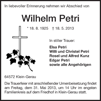 Traueranzeige von Wilhelm Petri von Rüsselsheimer Echo, Groß-Gerauer-Echo, Ried Echo