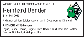Traueranzeige von Reinhard Bender von Rüsselsheimer Echo, Groß-Gerauer-Echo, Ried Echo