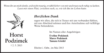 Traueranzeige von Horst Podzimek von Odenwälder Echo