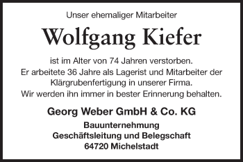 Traueranzeige von Wolfgang Kiefer von Odenwälder Echo