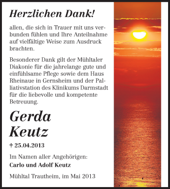Traueranzeige von Gerda Keutz von Echo-Zeitungen (Gesamtausgabe)