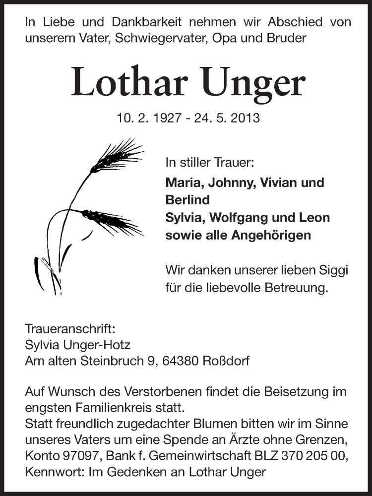  Traueranzeige für Lothar Unger vom 29.05.2013 aus Echo-Zeitungen (Gesamtausgabe)
