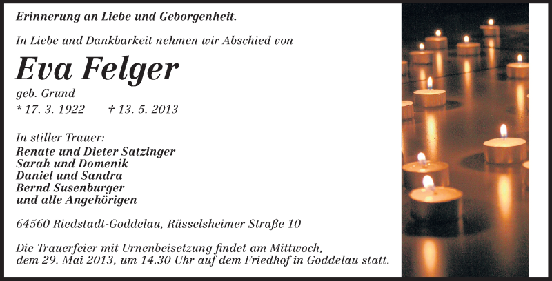  Traueranzeige für Eva Felger vom 27.05.2013 aus Rüsselsheimer Echo, Groß-Gerauer-Echo, Ried Echo