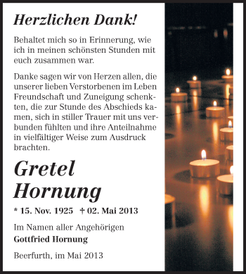 Traueranzeige von Gretel Hornung von Odenwälder Echo