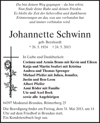 Traueranzeige von Johannette Schwinn von Darmstädter Echo, Odenwälder Echo, Rüsselsheimer Echo, Groß-Gerauer-Echo, Ried Echo