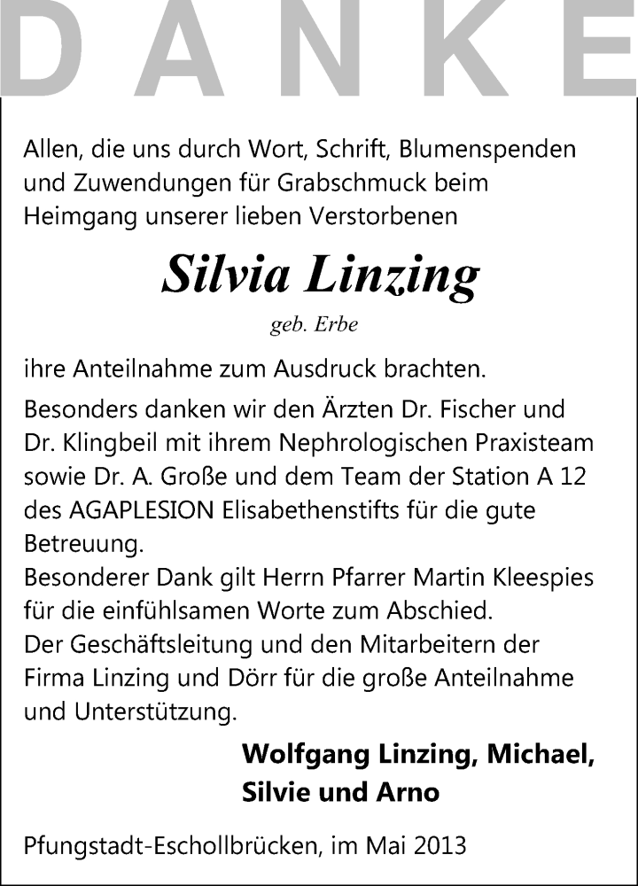  Traueranzeige für Silvia Linzing vom 29.05.2013 aus Echo-Zeitungen (Gesamtausgabe)